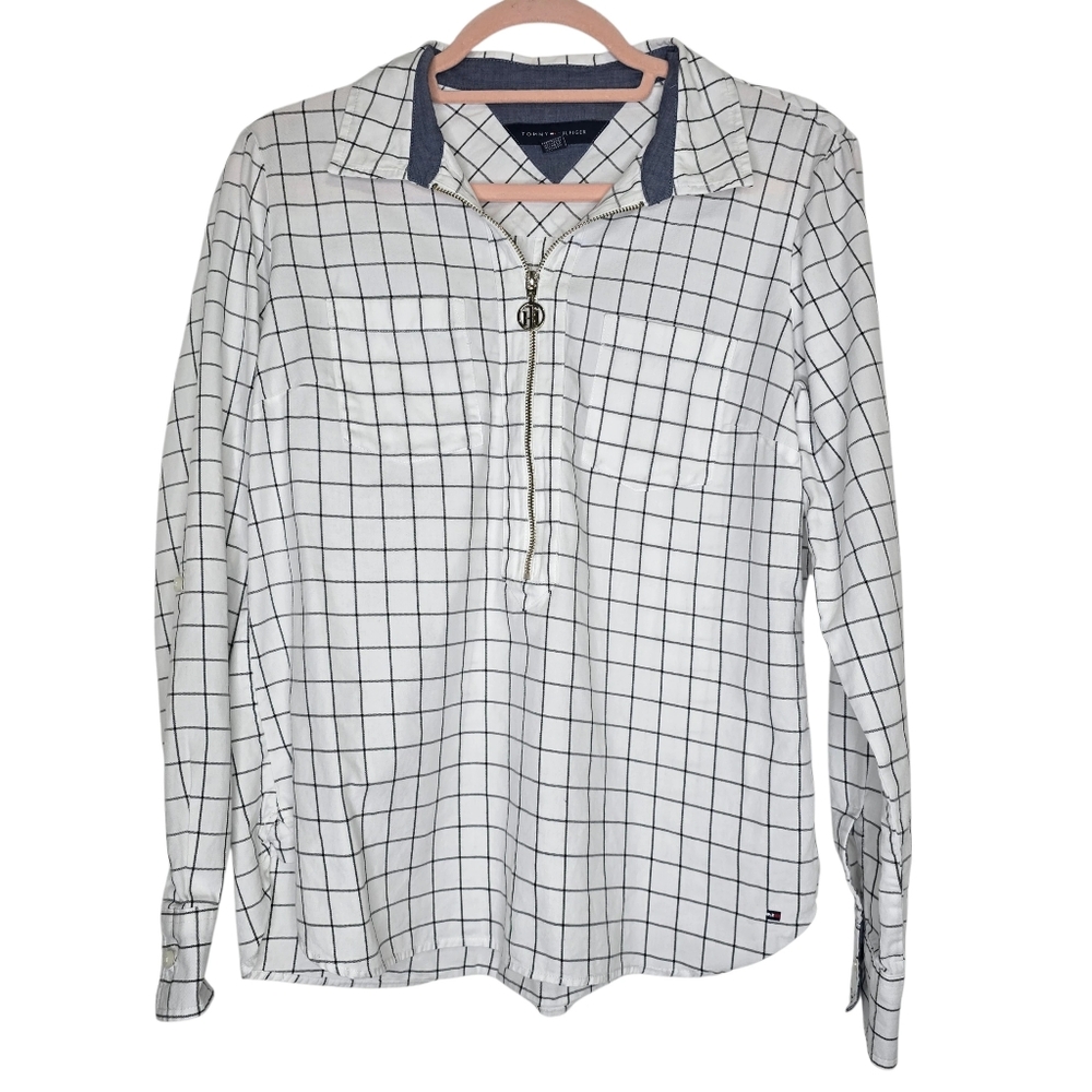 Tommy Hilfiger women's checkered long-sleeve top featuring a half-zip neckline